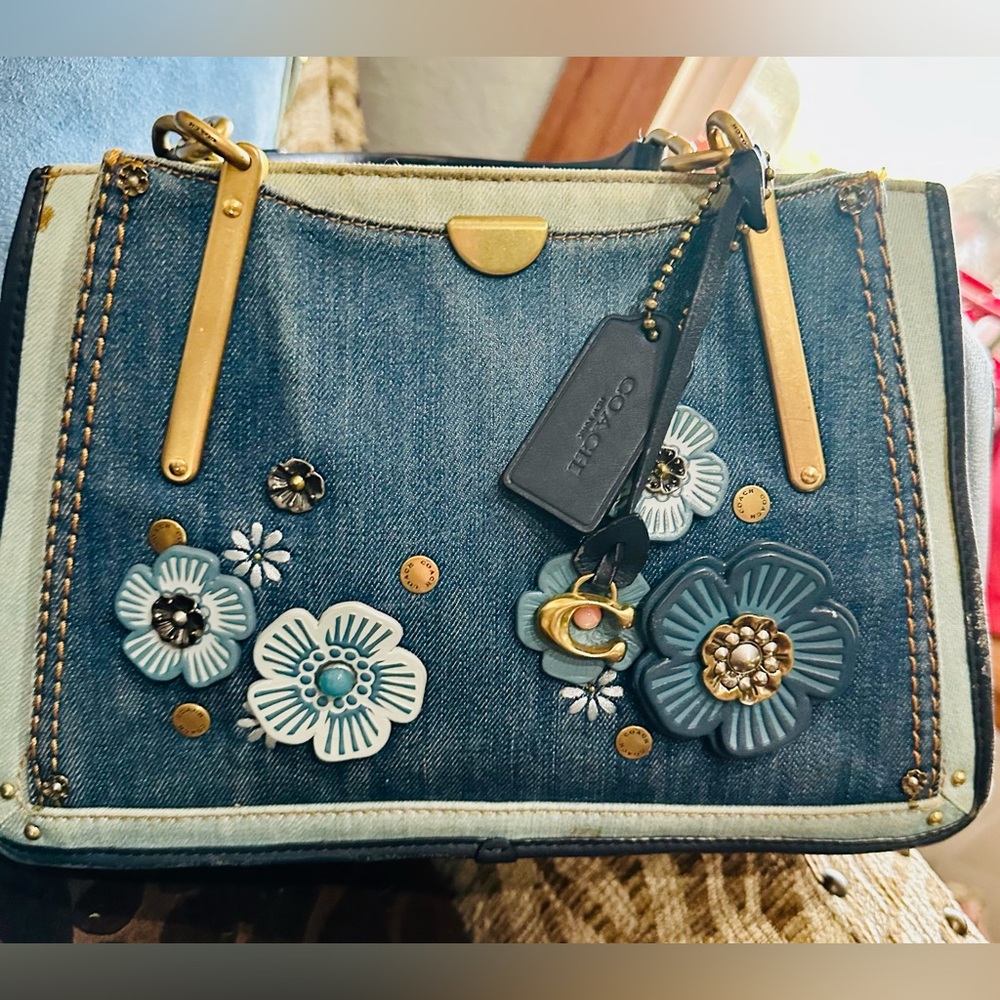 Coach Dreamer 21 Denim Carryall with Tea Rose Appliqué